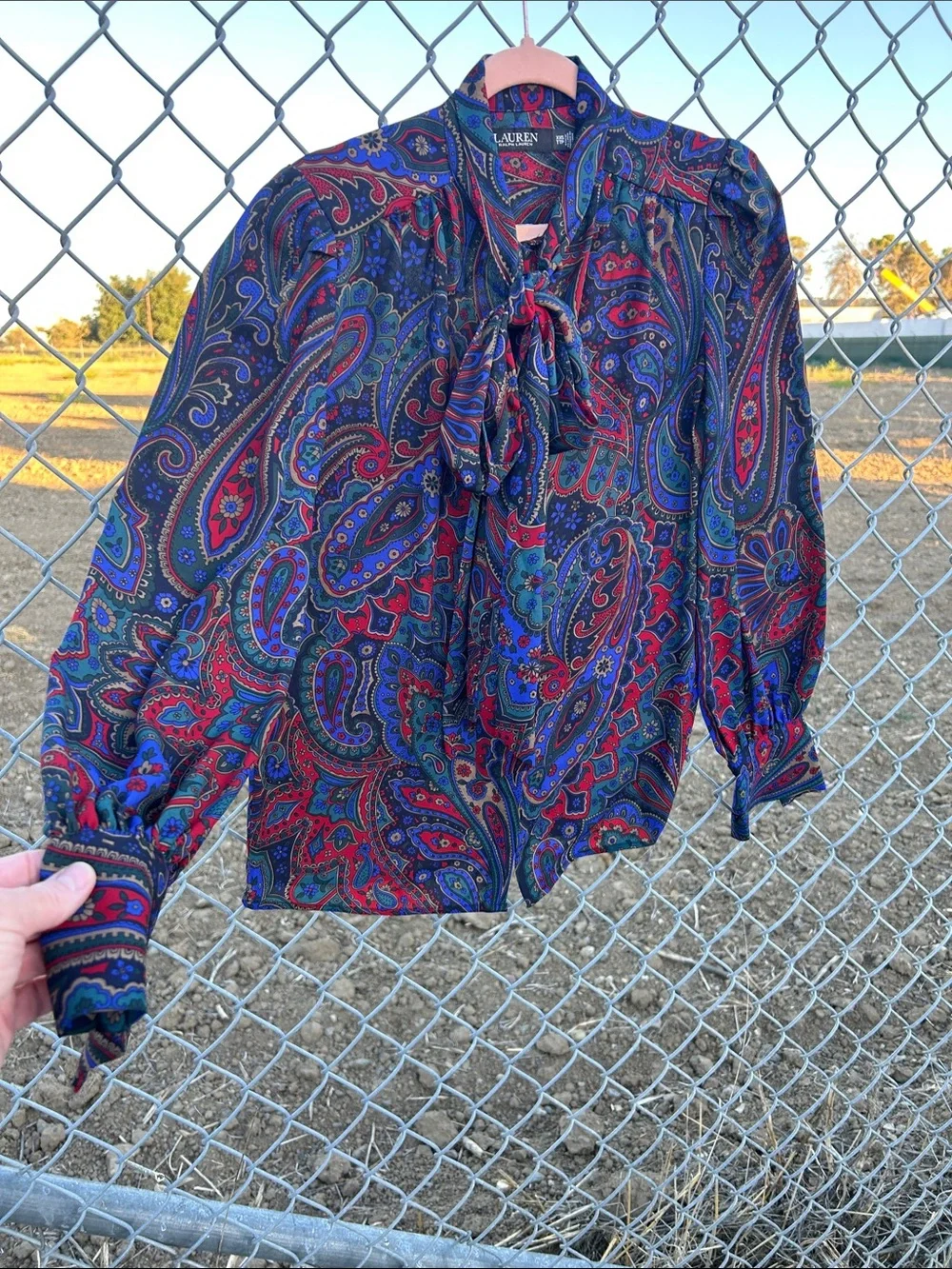 Lauren Ralph Lauren equestrian blue red & purple Paisley Tie-Neck Blouse - Picture 1 of 12